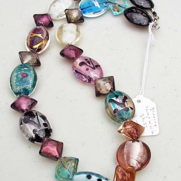 LAMPWORK GLASS LG OVALS WITH METALLIC ACCENTS & PUFFED SQUARES NECKLACE, 27 INCH - Picture 2 of 2